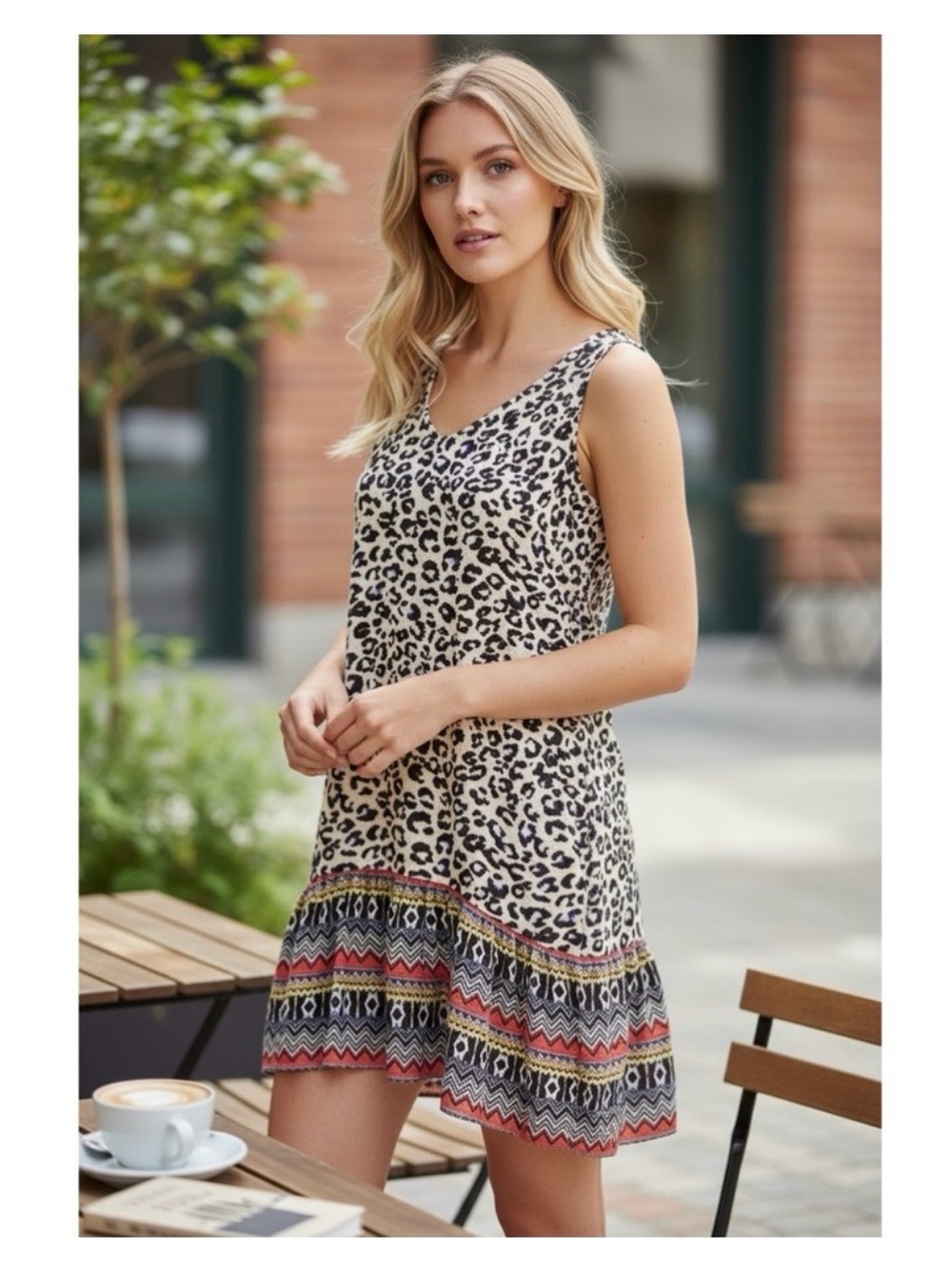 CAbi Beige and Black Leopard Print dress with Multicolor Tribal Hem